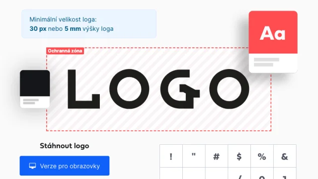 Ukázka online logo manuálu s ochrannou zónou loga, minimální velikostí, písmem a tlačítkem pro stažení loga