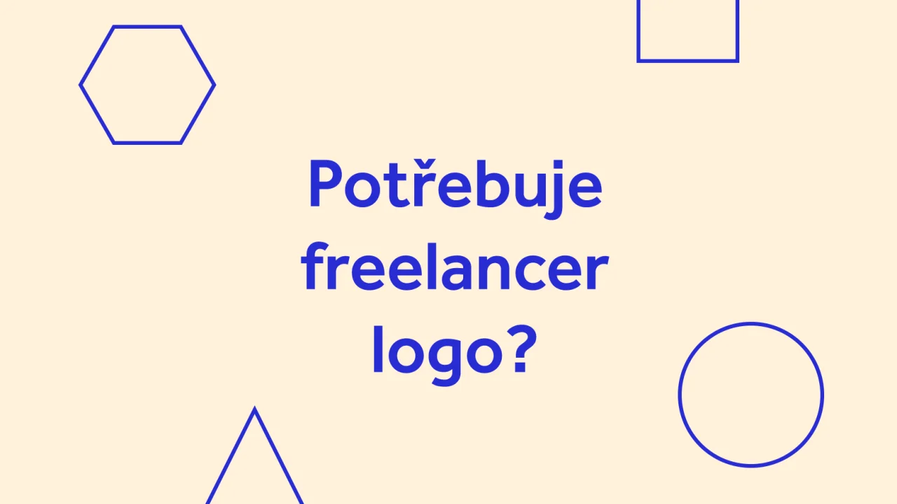 Nápis Potřebuje freelancer logo? mezi geometrickými tvary